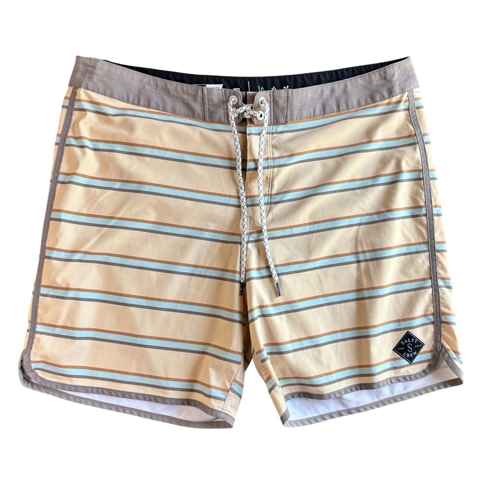 Salty Crew Mens Repreve Board Shorts Striped Surf Beach 38 Tan Blue Brown